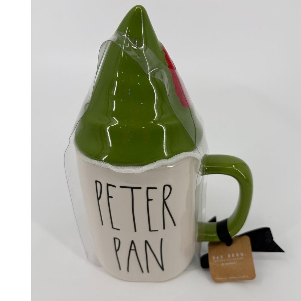 Rae Dunn Peter Pan Ceramic Mug with Green Peter Pan Hat Lid